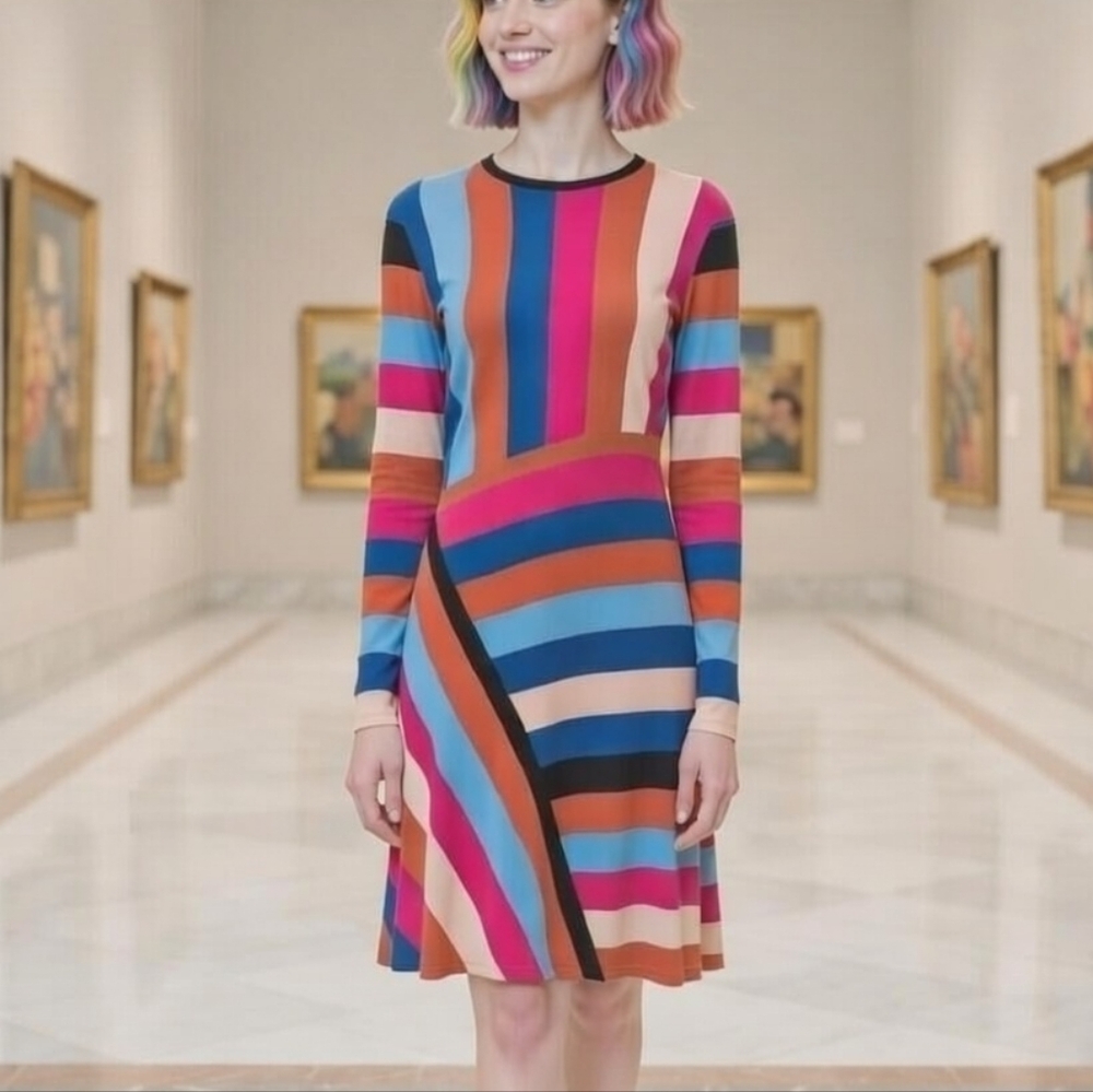 Colorful Lightweight Striped Long Sleeves knit bodycon Maximilist Midi Dress